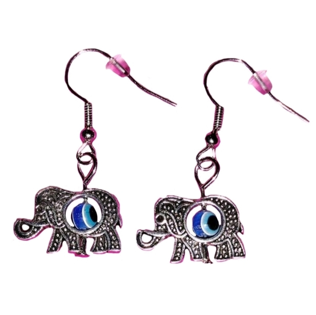 Blue Evil Eye Bead In Stainless Steel Elephant Charm Dangle Drop Silver Earrings